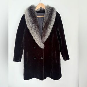 Vintage Black Double Breasted Coat with Faux Fur Shawl Collar – Large